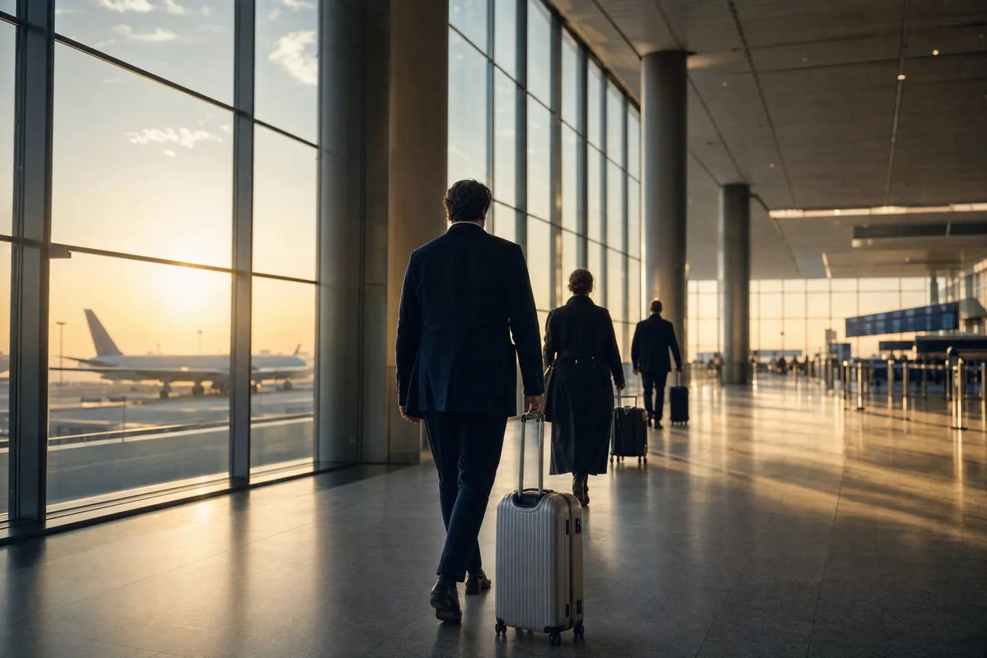 Travellers crossing an international airport terminal