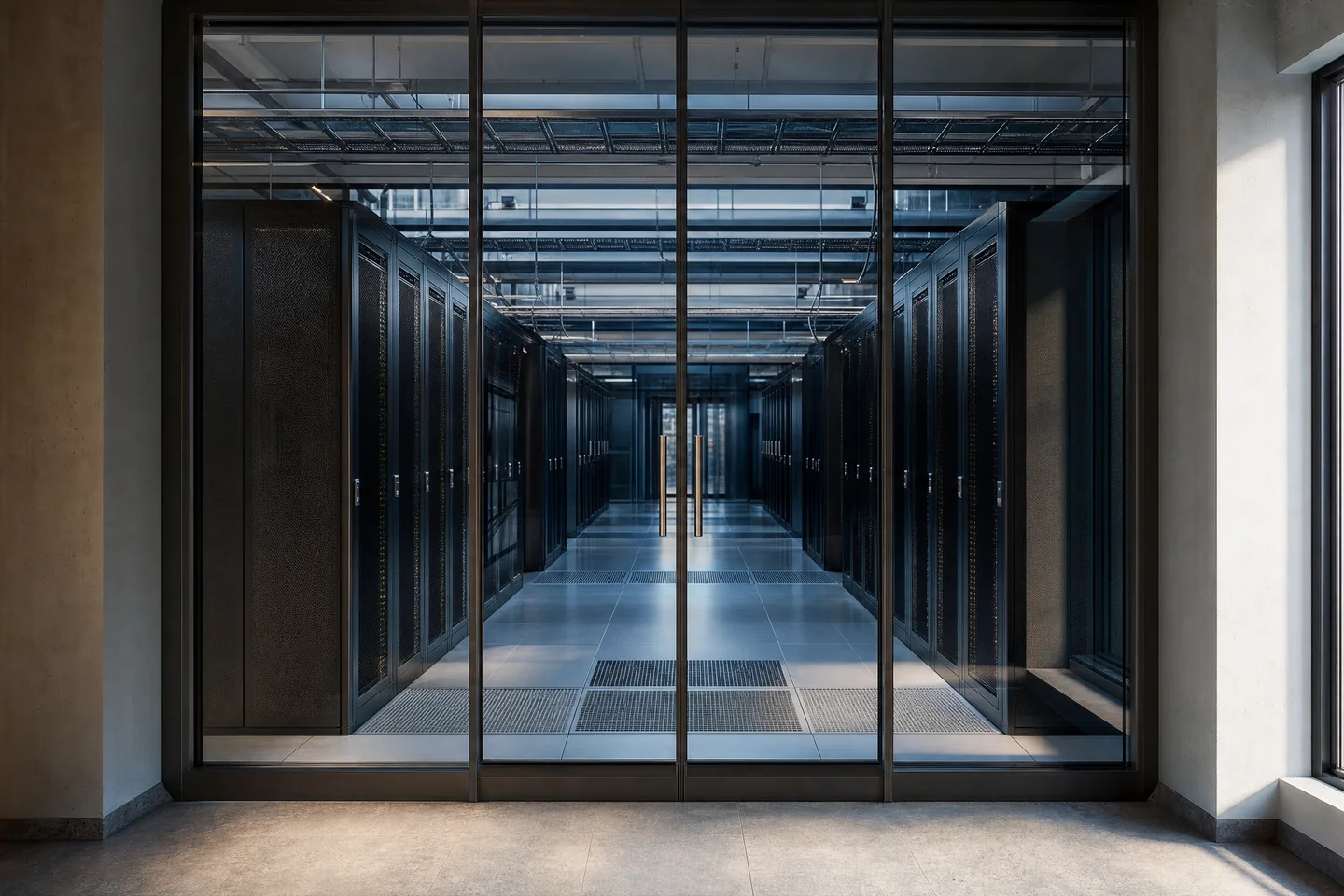 Rows of server infrastructure behind glass